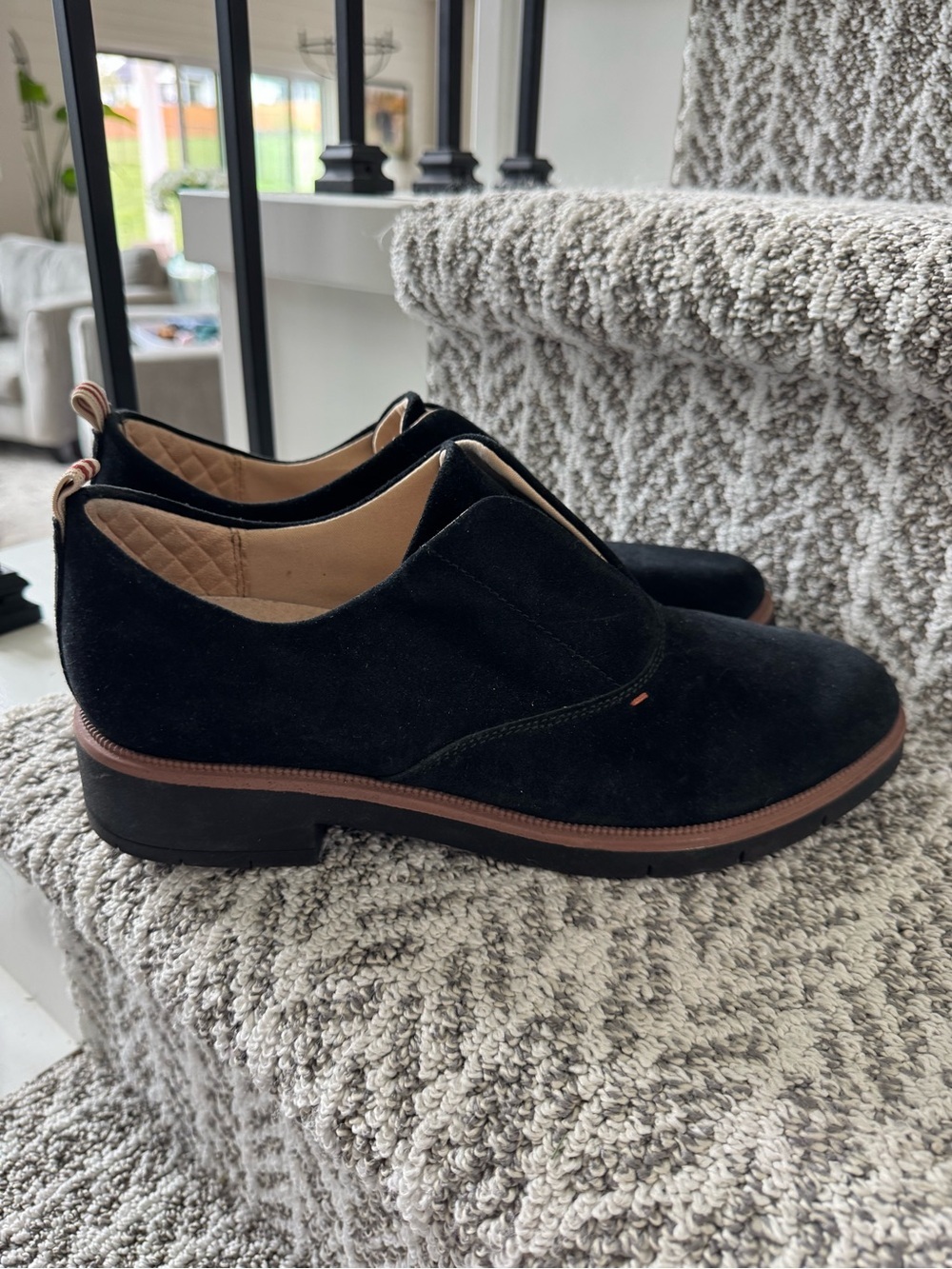 Dr School’s Black Suede Slip-On Loafers with Brown Welt Trim